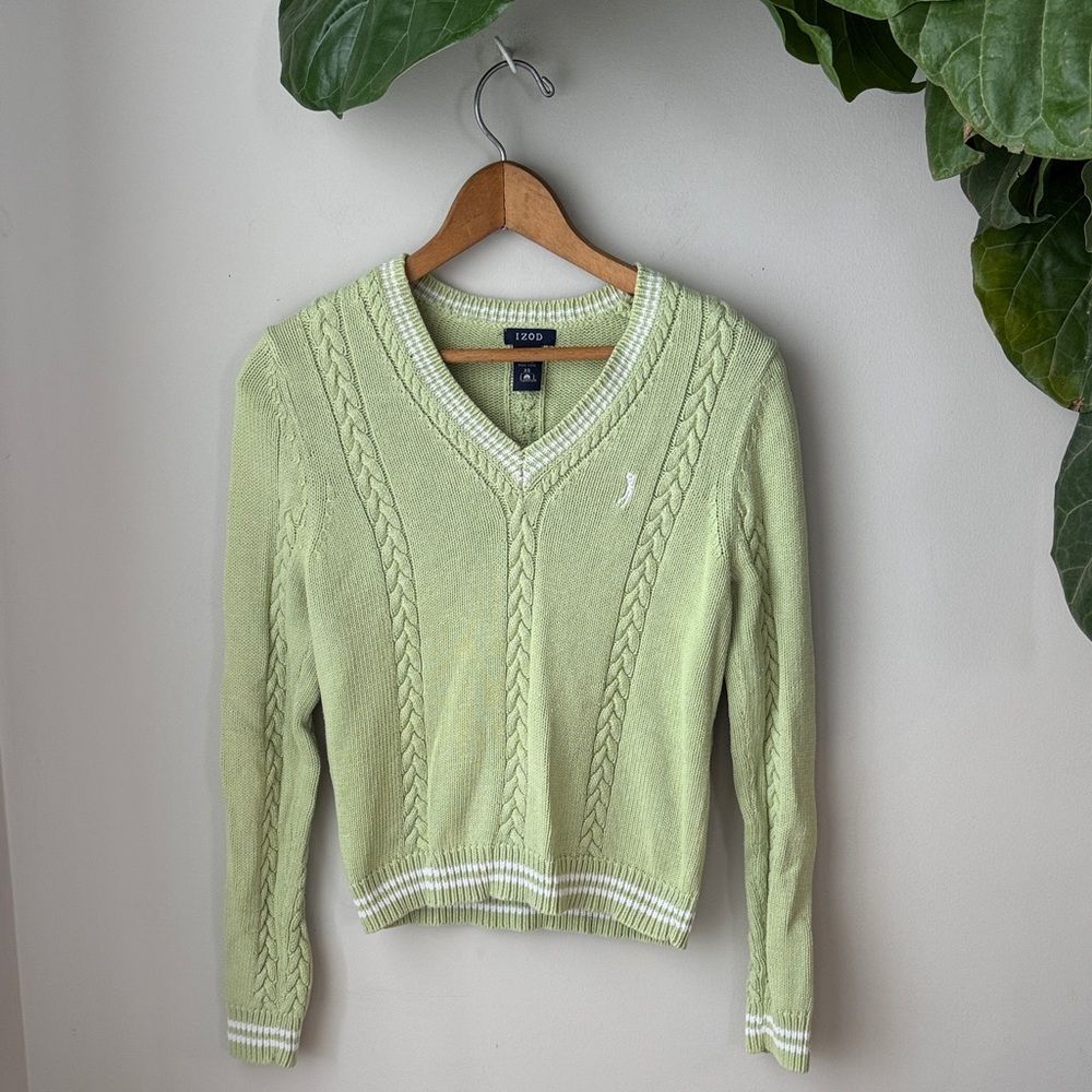 IZOD Vintage Green + White V Neck Cable Knit Long Sleeve Sweater